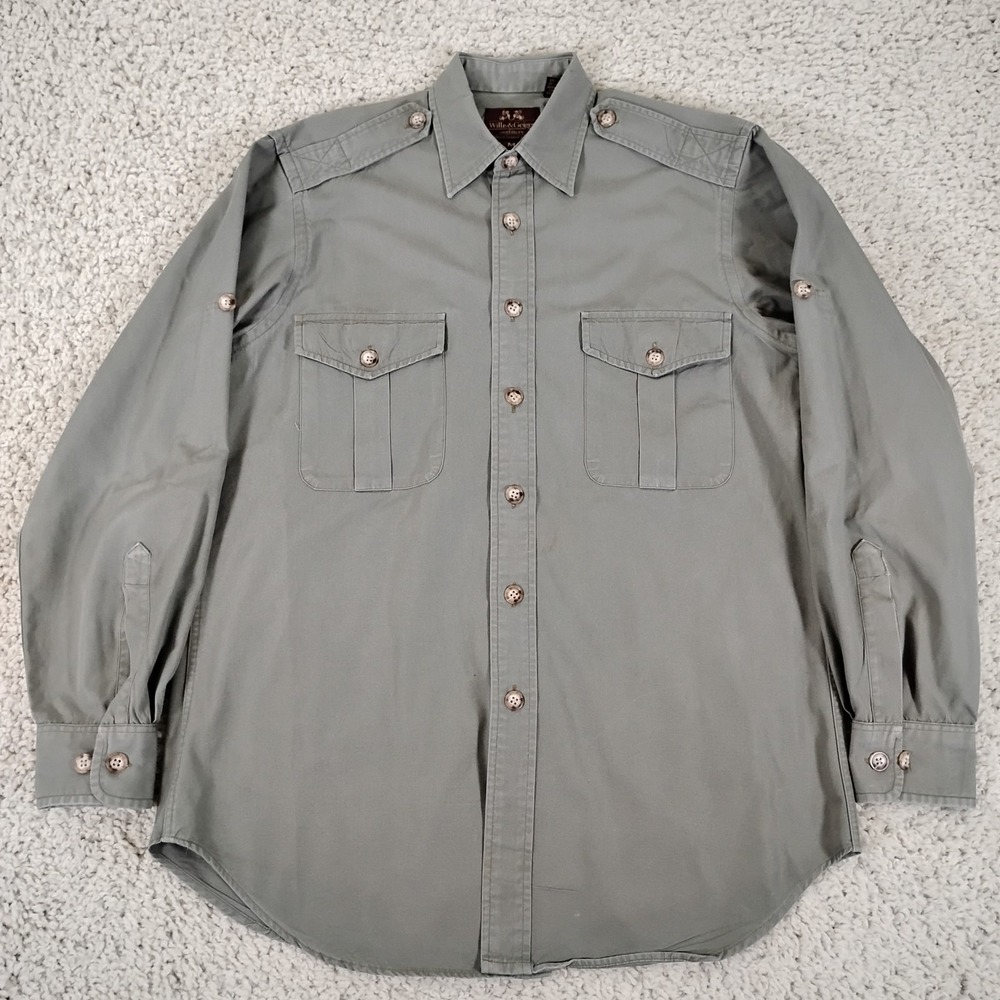 Vintage Willis and Geiger Shirt Mens Medium Green Safari Field Epaulettes USA